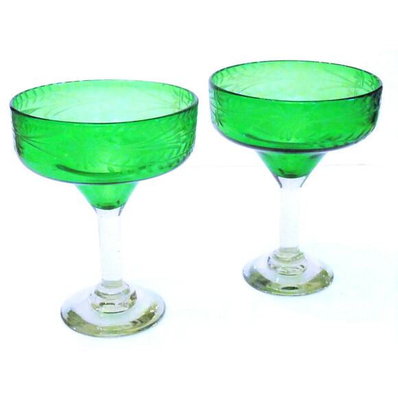 Hand Blown Margarita Glasses 2 Artisan Etched Glass Green Bowl 6.5" Clear Stems - Picture 6 of 6